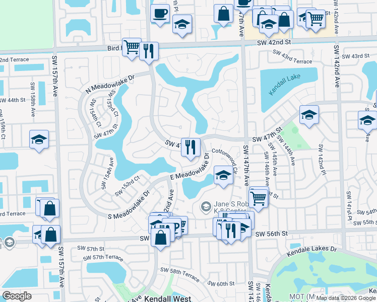 map of restaurants, bars, coffee shops, grocery stores, and more near 14955 Southwest 48th Terrace in Miami