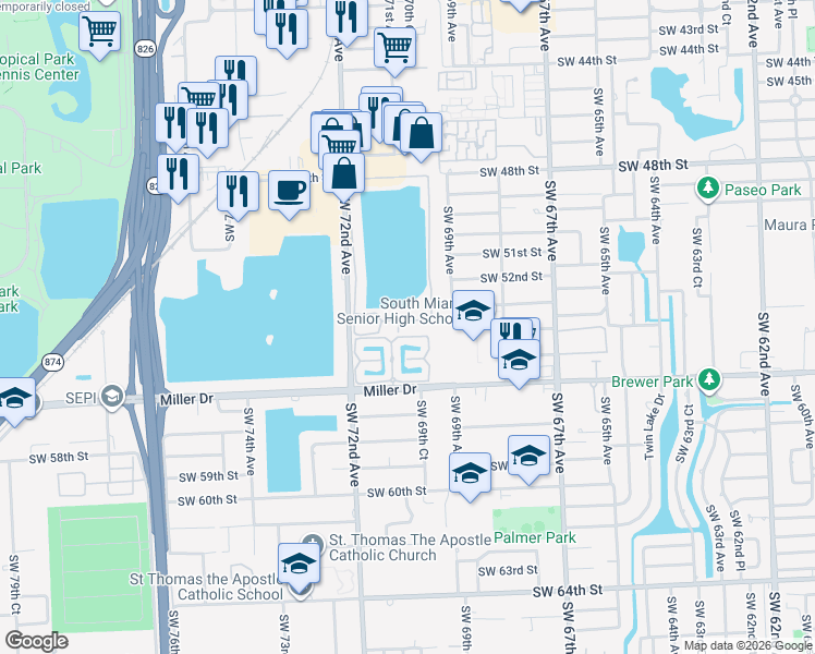map of restaurants, bars, coffee shops, grocery stores, and more near 7029 Southwest 53rd Lane in Miami