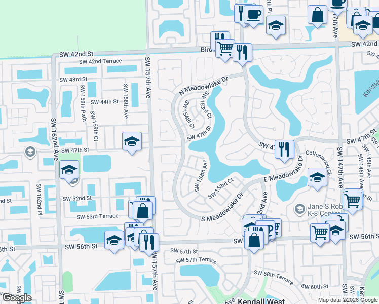 map of restaurants, bars, coffee shops, grocery stores, and more near 15449 Southwest 47th Terrace in Miami