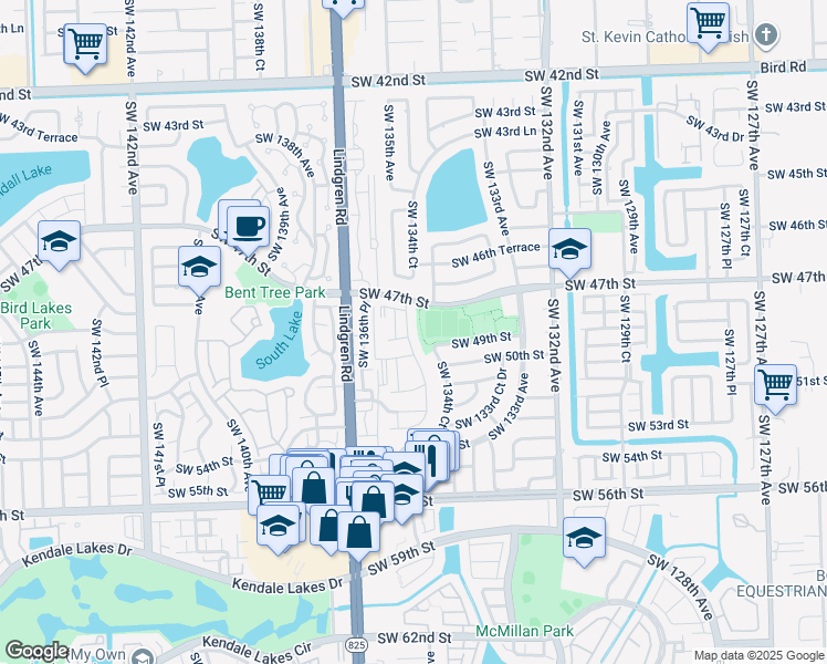 map of restaurants, bars, coffee shops, grocery stores, and more near 4733 Southwest 135th Court in Miami