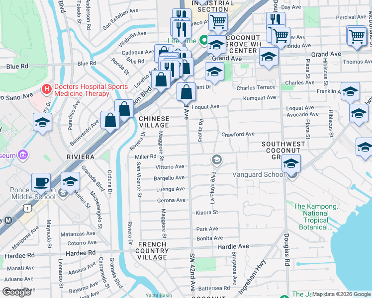 map of restaurants, bars, coffee shops, grocery stores, and more near 410 Perugia Avenue in Coral Gables