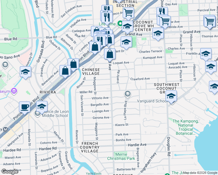 map of restaurants, bars, coffee shops, grocery stores, and more near 410 Perugia Avenue in Coral Gables