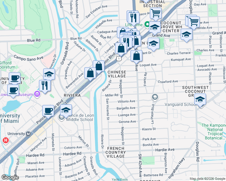 map of restaurants, bars, coffee shops, grocery stores, and more near 526 Perugia Avenue in Coral Gables