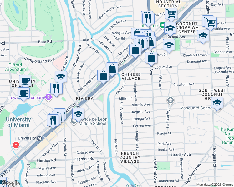 map of restaurants, bars, coffee shops, grocery stores, and more near 5414 Riviera Drive in Coral Gables