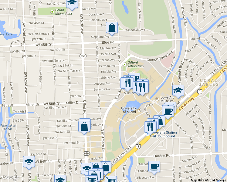 map of restaurants, bars, coffee shops, grocery stores, and more near 1414 Baracoa Avenue in Coral Gables