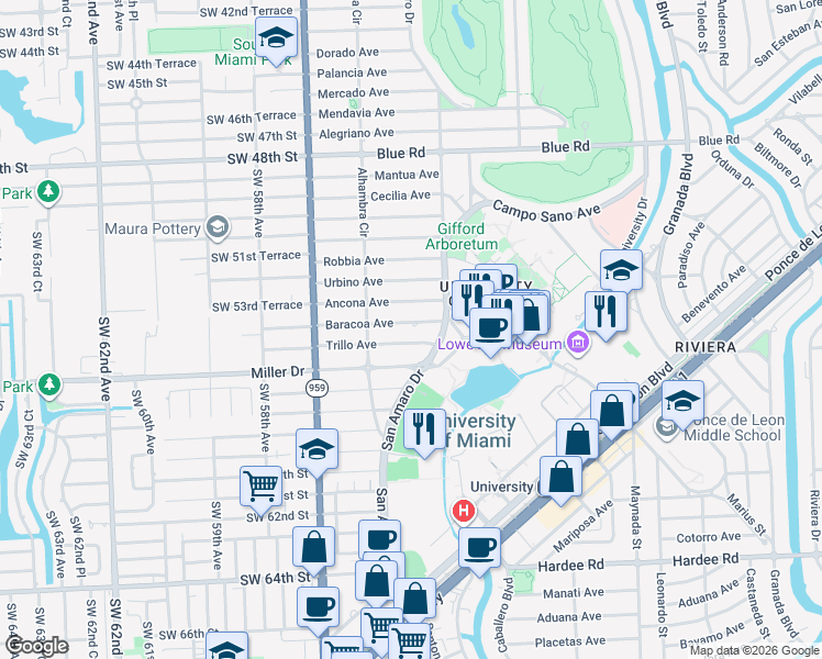 map of restaurants, bars, coffee shops, grocery stores, and more near 1414 Baracoa Avenue in Coral Gables