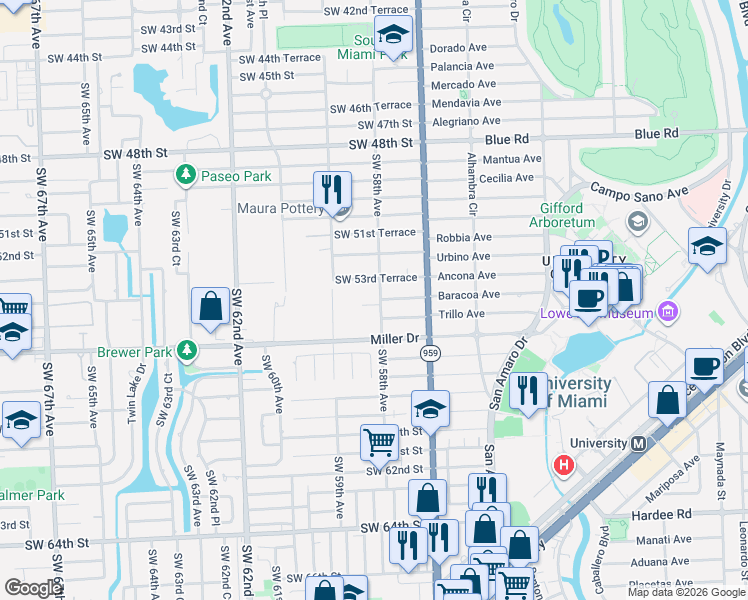 map of restaurants, bars, coffee shops, grocery stores, and more near 5851 Southwest 54th Lane in Miami
