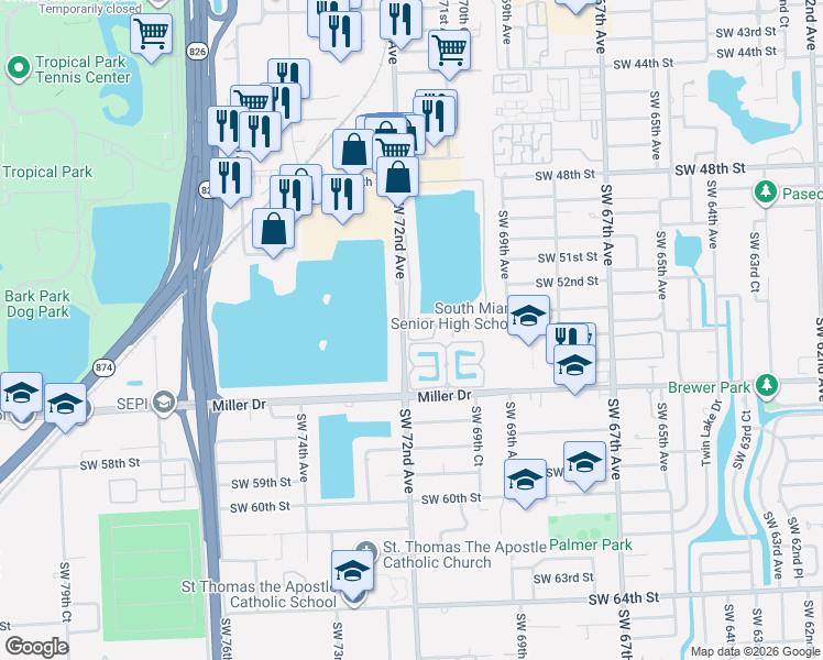 map of restaurants, bars, coffee shops, grocery stores, and more near 5313 Southwest 71st Place in Miami
