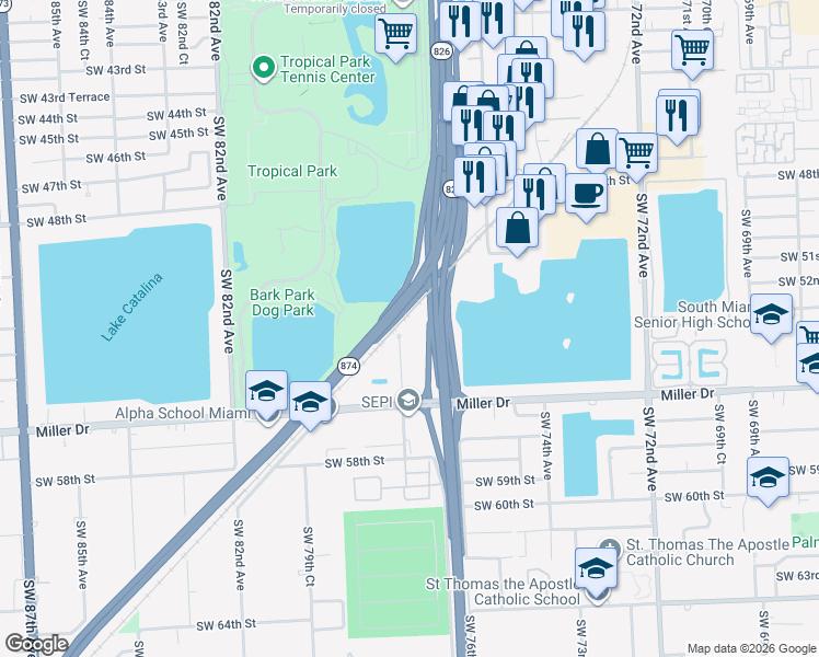 map of restaurants, bars, coffee shops, grocery stores, and more near 5275 Southwest 77th Court in Miami