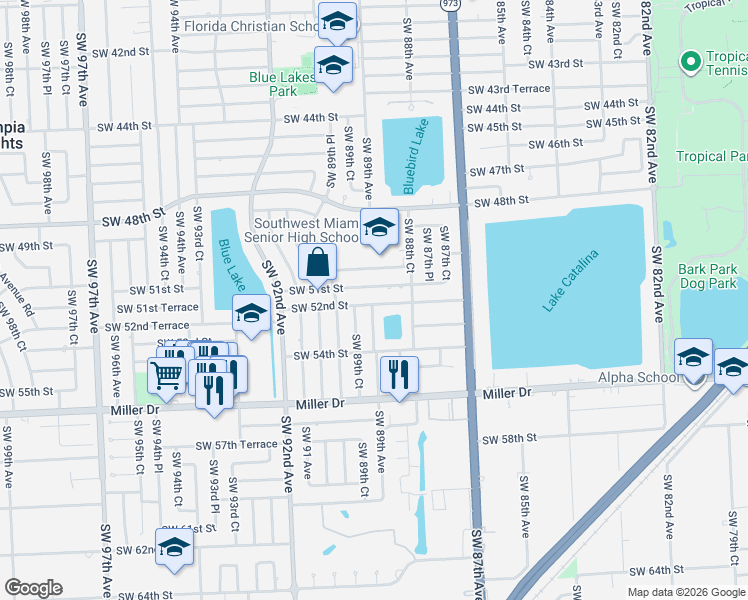 map of restaurants, bars, coffee shops, grocery stores, and more near 8841 Southwest 52nd Street in Miami