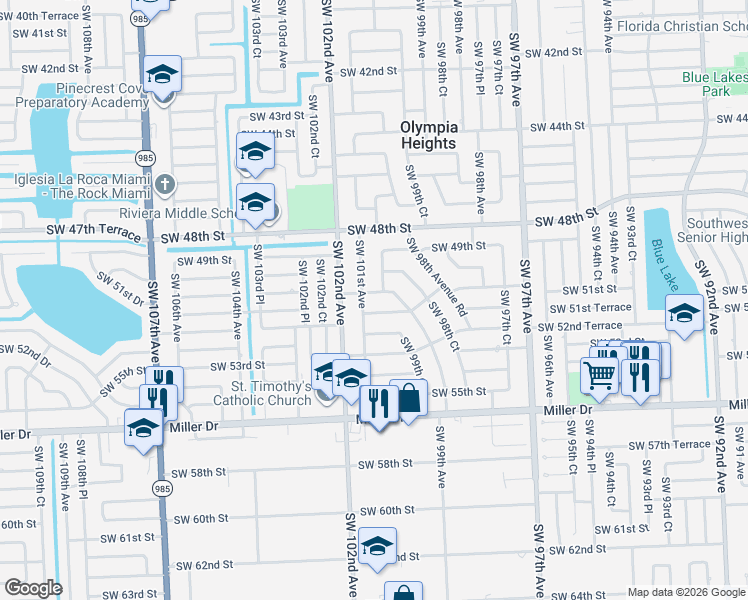 map of restaurants, bars, coffee shops, grocery stores, and more near 5055 Southwest 101st Avenue in Miami