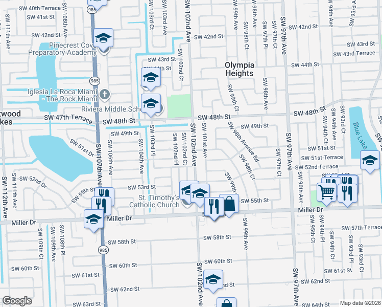 map of restaurants, bars, coffee shops, grocery stores, and more near 5032 Southwest 102nd Avenue in Miami