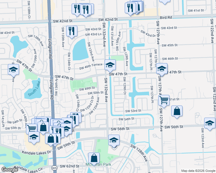 map of restaurants, bars, coffee shops, grocery stores, and more near 13201 Southwest 49th Street in Miami