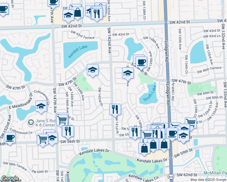 map of restaurants, bars, coffee shops, grocery stores, and more near 4891 Southwest 141st Avenue in Miami