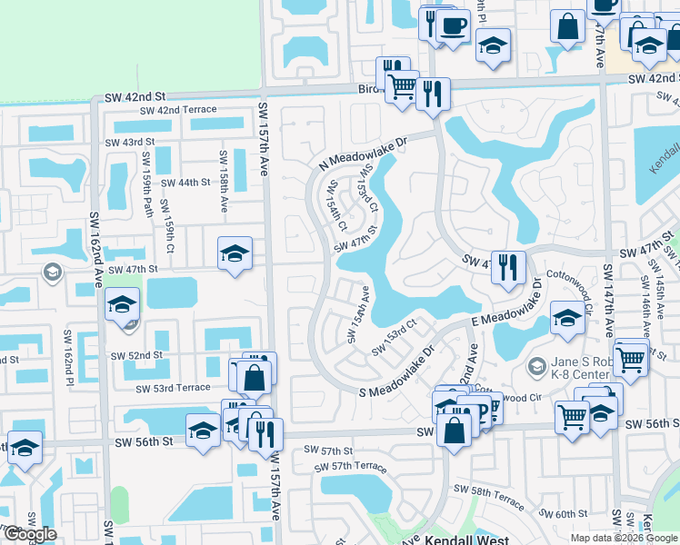 map of restaurants, bars, coffee shops, grocery stores, and more near 15449 Southwest 47th Terrace in Miami