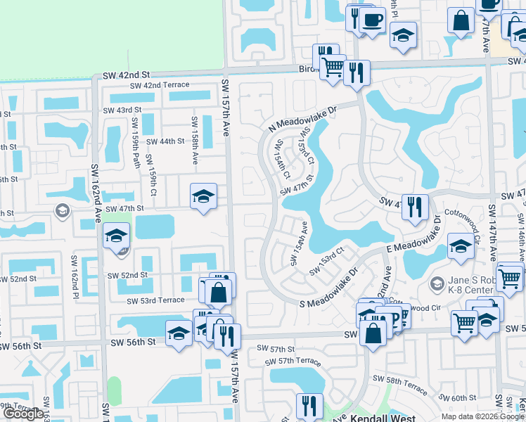 map of restaurants, bars, coffee shops, grocery stores, and more near 15545 Southwest 47th Terrace in Miami