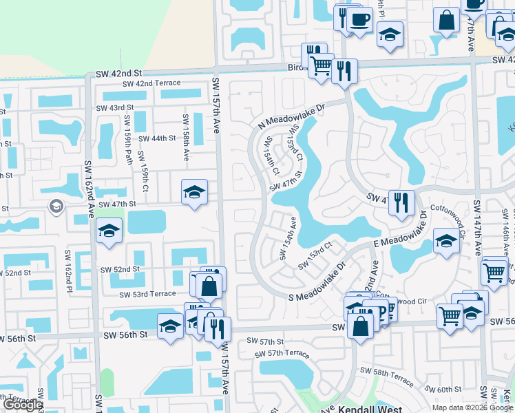 map of restaurants, bars, coffee shops, grocery stores, and more near 15545 Southwest 47th Terrace in Miami