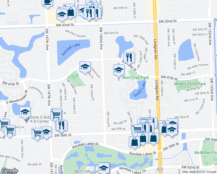 map of restaurants, bars, coffee shops, grocery stores, and more near 4891 Southwest 141st Avenue in Miami