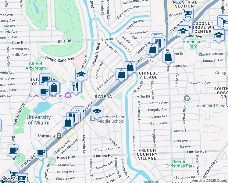 map of restaurants, bars, coffee shops, grocery stores, and more near 800 South Dixie Highway in Coral Gables
