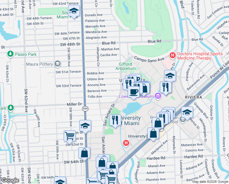 map of restaurants, bars, coffee shops, grocery stores, and more near 1414 Baracoa Avenue in Coral Gables