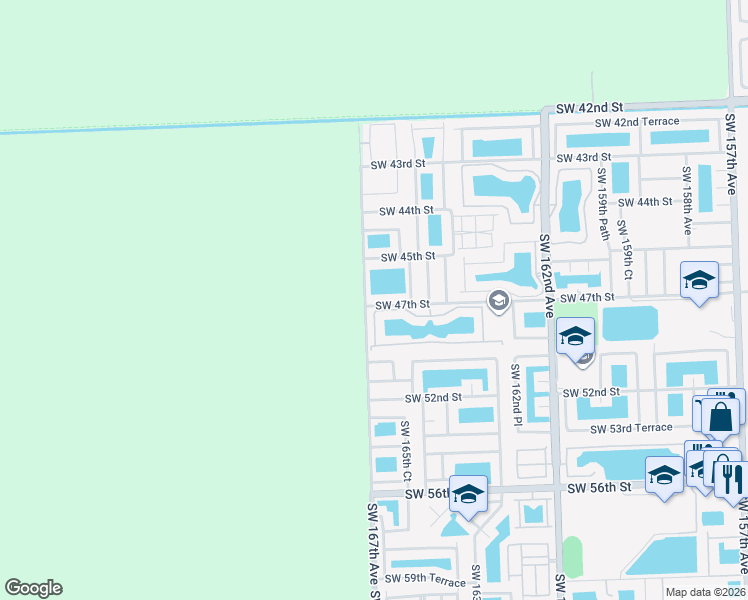 map of restaurants, bars, coffee shops, grocery stores, and more near 16649 SW 47th St in Miami