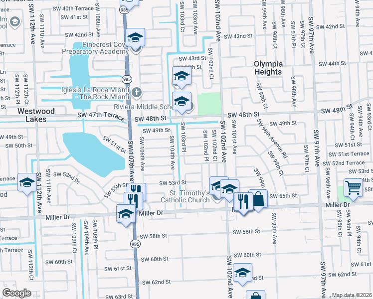 map of restaurants, bars, coffee shops, grocery stores, and more near 10350 Southwest 50th Terrace in Miami