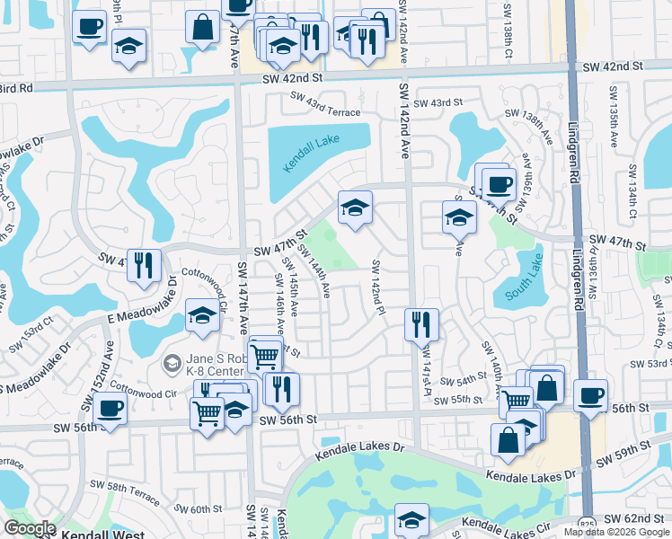 map of restaurants, bars, coffee shops, grocery stores, and more near 14399 Southwest 48th Lane in Miami