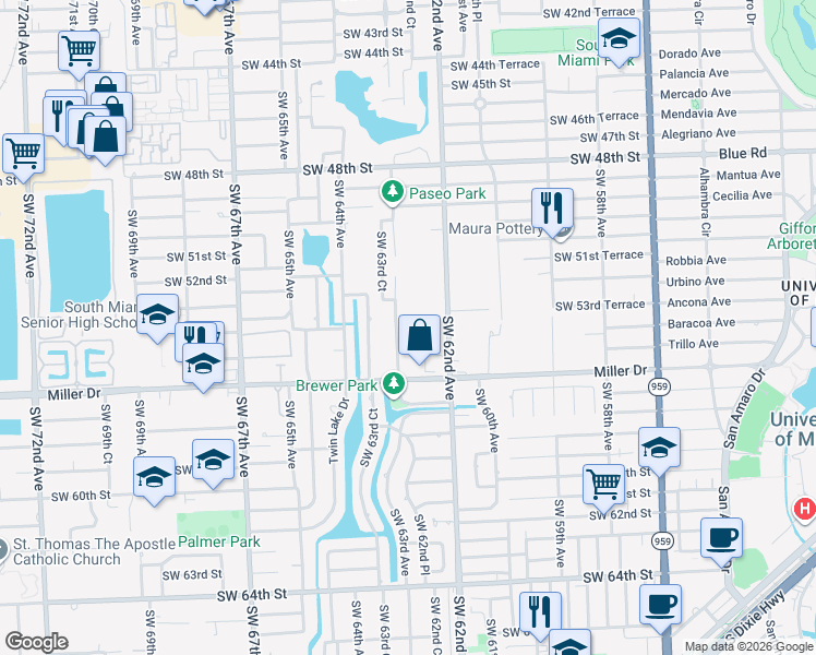 map of restaurants, bars, coffee shops, grocery stores, and more near 5349 Southwest 63rd Avenue in Miami