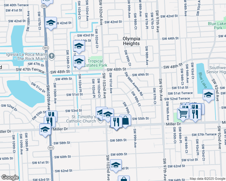 map of restaurants, bars, coffee shops, grocery stores, and more near 5055 SW 101st Ave in Miami