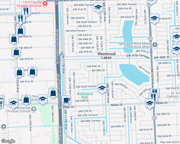 map of restaurants, bars, coffee shops, grocery stores, and more near 4940 Southwest 114th Avenue in Miami