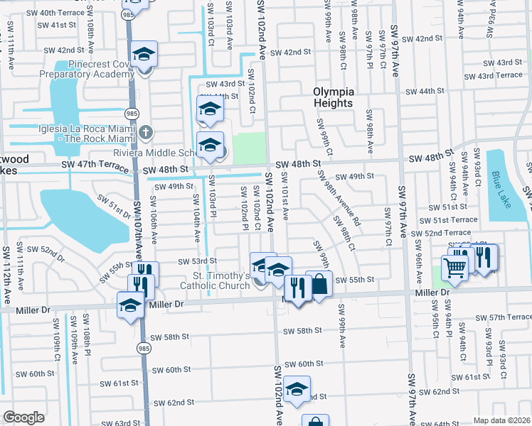 map of restaurants, bars, coffee shops, grocery stores, and more near 5032 Southwest 102nd Avenue in Miami