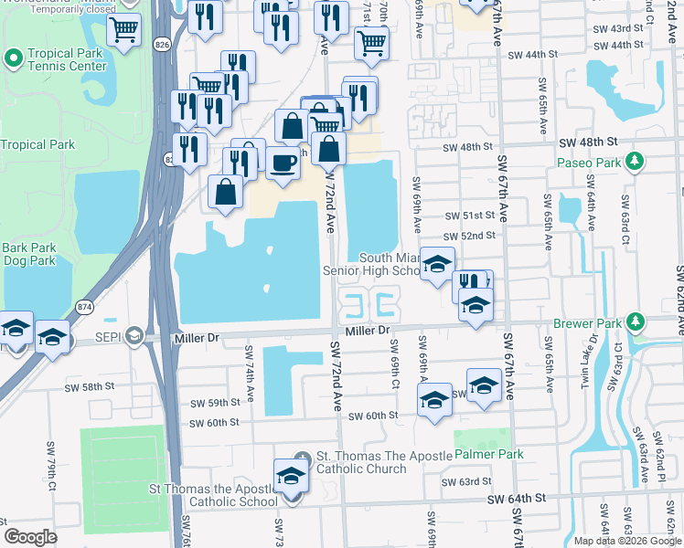 map of restaurants, bars, coffee shops, grocery stores, and more near 5313 Southwest 71st Place in Miami