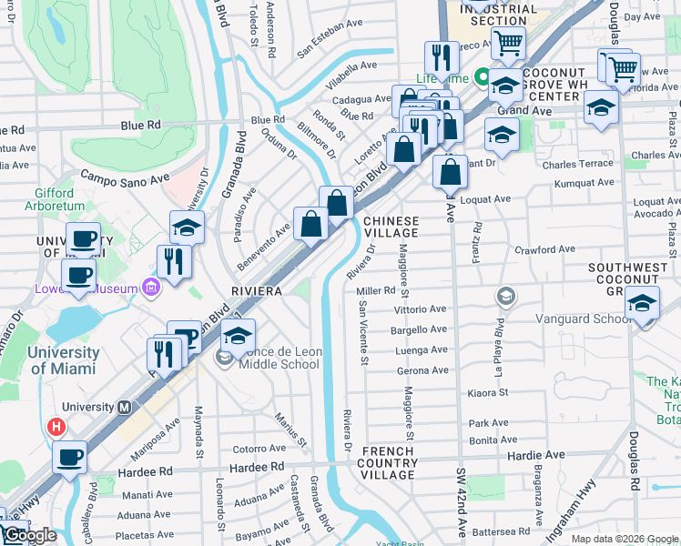 map of restaurants, bars, coffee shops, grocery stores, and more near 5414 Riviera Drive in Coral Gables