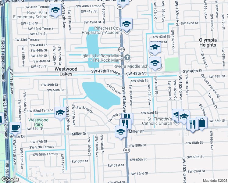 map of restaurants, bars, coffee shops, grocery stores, and more near 10750 Southwest 51st Drive in Miami