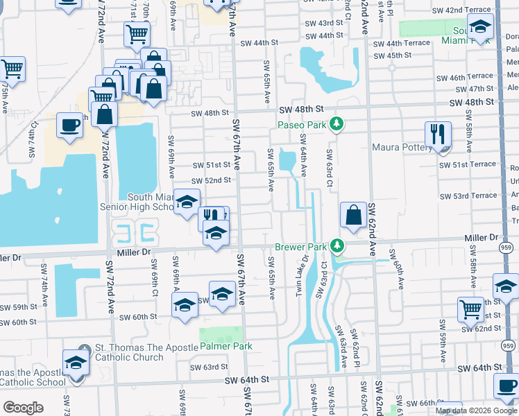 map of restaurants, bars, coffee shops, grocery stores, and more near 6550 Southwest 53rd Terrace in Miami