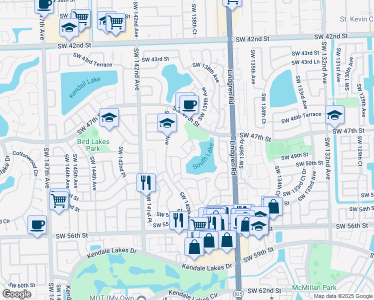 map of restaurants, bars, coffee shops, grocery stores, and more near 13925 Southwest 49th Circle Terrace in Miami