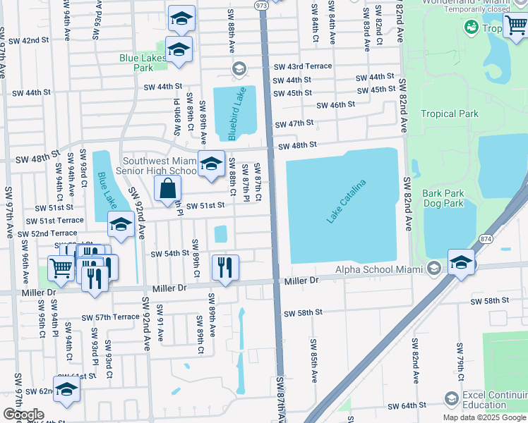 map of restaurants, bars, coffee shops, grocery stores, and more near 8715 Southwest 52nd Street in Miami