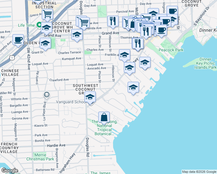 map of restaurants, bars, coffee shops, grocery stores, and more near 3539 Poinciana Avenue in Miami