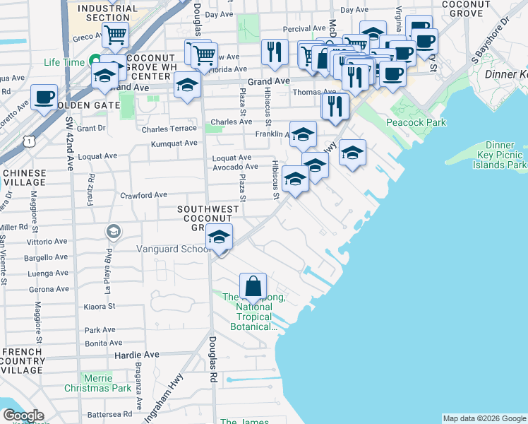 map of restaurants, bars, coffee shops, grocery stores, and more near 3539 Poinciana Avenue in Miami