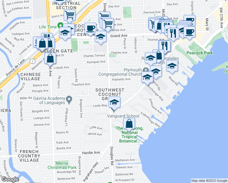map of restaurants, bars, coffee shops, grocery stores, and more near in Miami