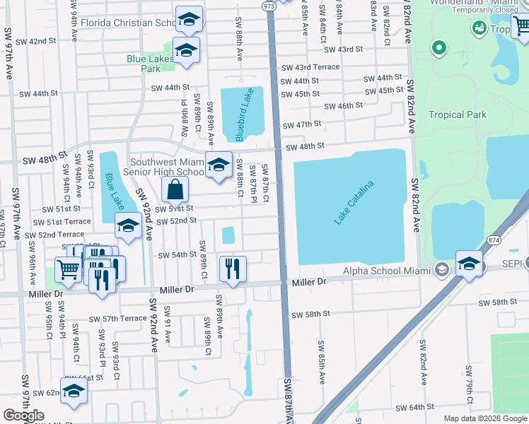 map of restaurants, bars, coffee shops, grocery stores, and more near 8715 Southwest 52nd Street in Miami