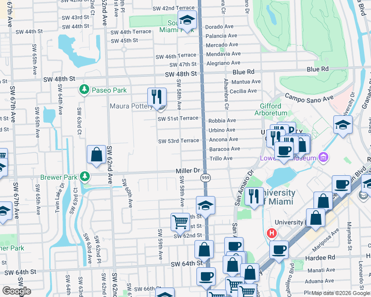 map of restaurants, bars, coffee shops, grocery stores, and more near 5785 Southwest 54th Terrace in Miami