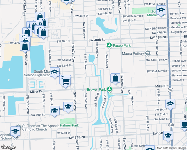 map of restaurants, bars, coffee shops, grocery stores, and more near 5390 Southwest 64th Court in Miami