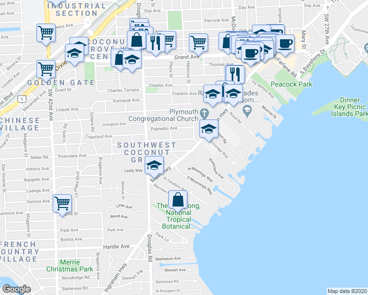 map of restaurants, bars, coffee shops, grocery stores, and more near 3539 Poinciana Avenue in Miami