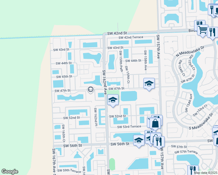 map of restaurants, bars, coffee shops, grocery stores, and more near 16143 Southwest 47th Street in Miami