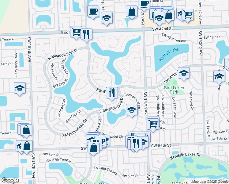 map of restaurants, bars, coffee shops, grocery stores, and more near 14955 Southwest 48th Terrace in Miami