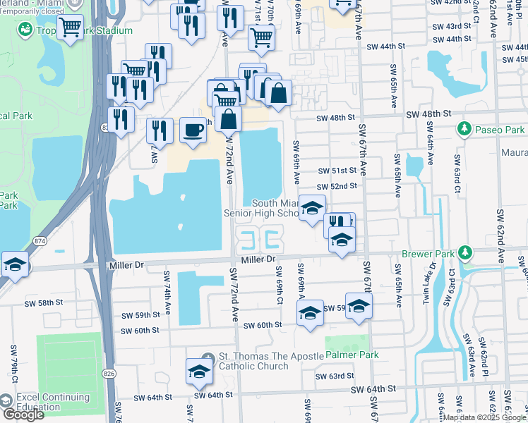 map of restaurants, bars, coffee shops, grocery stores, and more near 7029 Southwest 53rd Lane in Miami