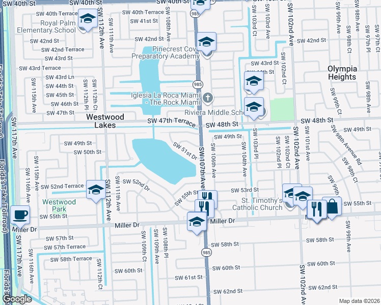 map of restaurants, bars, coffee shops, grocery stores, and more near 10750 Southwest 51st Drive in Miami