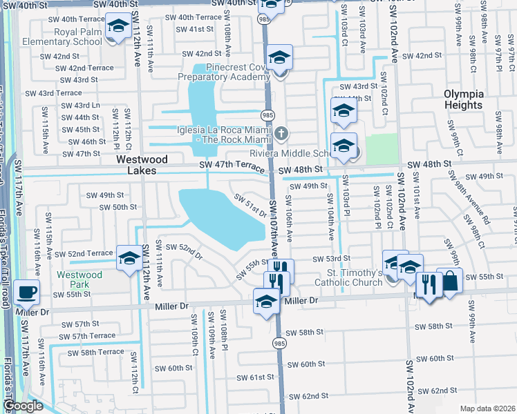 map of restaurants, bars, coffee shops, grocery stores, and more near 10750 Southwest 51st Drive in Miami