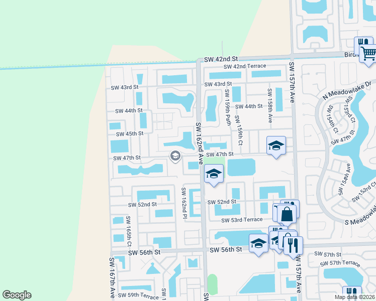 map of restaurants, bars, coffee shops, grocery stores, and more near 16265 Southwest 47th Street in Miami